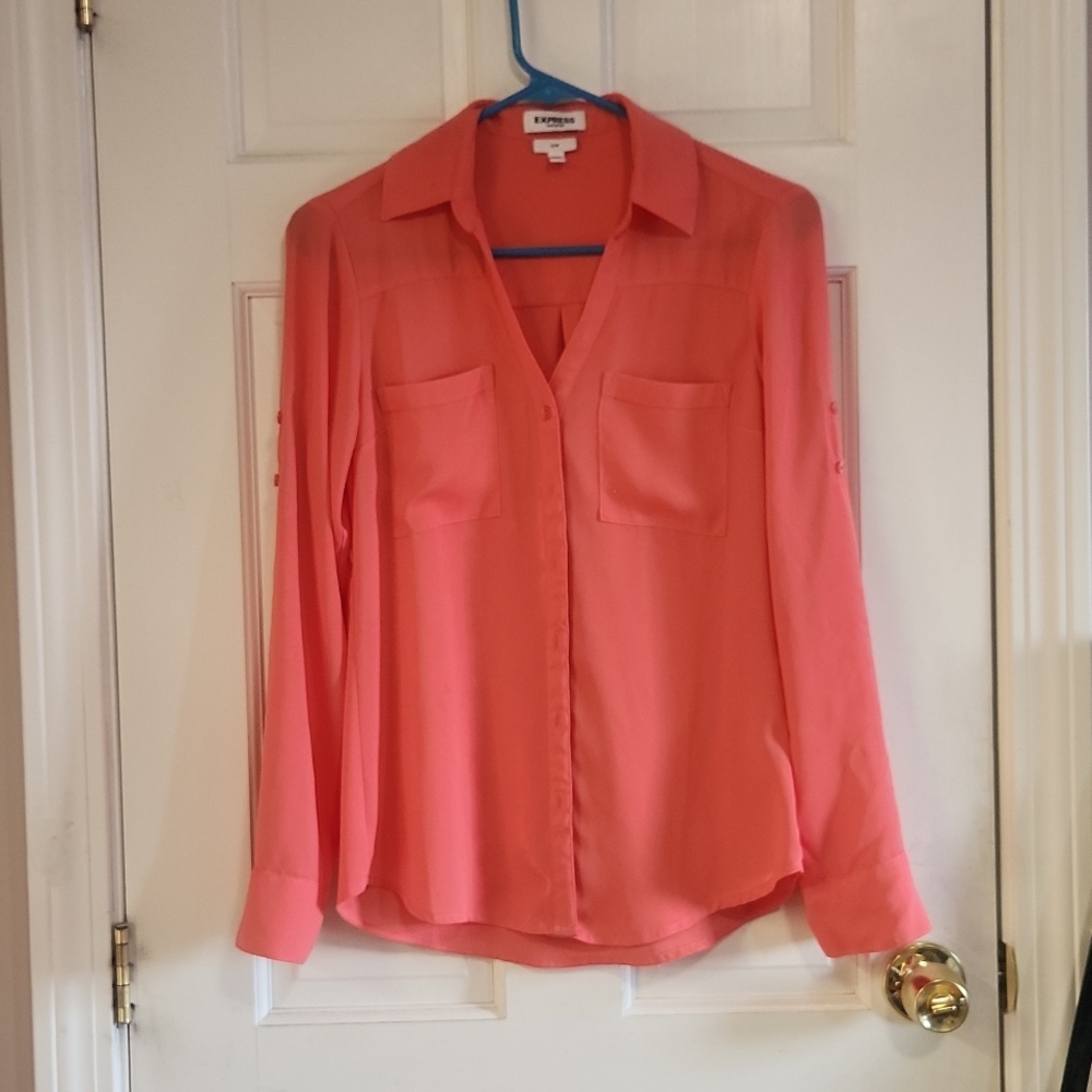 Express Portofino Slim Button Up Shirt Blouse Business Casual Office Salmon